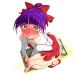  :&lt; ass bangs blush commentary_request from_above from_side full_body gegege_no_kitarou hair_ribbon kazumi_yoshiyuki litter_box looking_at_viewer nekomusume nekomusume_(gegege_no_kitarou_6) pee peeing pointy_ears red_footwear ribbon simple_background solo squatting sweatdrop white_background yellow_eyes 
