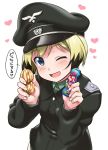  ;d blonde_hair blue_eyes blush erica_hartmann hat heart holding looking_at_viewer military military_uniform one_eye_closed open_mouth peaked_cap short_hair smile solo speech_bubble strike_witches translated uniform white_background world_witches_series youkan 