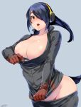  black_hair blue_background blush breasts brown_eyes cleavage collarbone commentary_request cosplay emperor_penguin_(kemono_friends) eyebrows_visible_through_hair grey_jacket grey_pants hair_over_one_eye happa_(cloverppd) headphones hippopotamus_(kemono_friends) hippopotamus_(kemono_friends)_(cosplay) hips jacket kemono_friends large_breasts long_hair looking_at_viewer multicolored_hair open_mouth pants pants_pull signature simple_background solo streaked_hair tail unzipping zipper zipper_pull_tab 