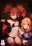  2girls belt blonde_hair boots choker demon_tail disgaea disgaea_d2 etna fang flat_chest flonne flonne_(fallen_angel) gloves long_hair looking_at_viewer multiple_girls navel pointy_ears prinny red_eyes red_hair slit_pupils tail thigh_boots thighhighs twintails wrynegade 
