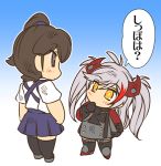  azur_lane boots brown_eyes brown_hair chibi comic commentary crossover full_body gloves gradient gradient_background grey_hair hair_between_eyes hair_ornament hand_to_own_mouth hisahiko iron_cross jacket japanese_clothes kaga_(kantai_collection) kantai_collection lowres military military_uniform multiple_girls orange_eyes outline pleated_skirt prinz_eugen_(azur_lane) side_ponytail skirt speech_bubble standing star star-shaped_pupils symbol-shaped_pupils thighhighs translated twintails uniform white_outline 