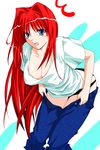  1girl aozaki_aoko black_panties blue_eyes breasts cleavage denim dressing hagane_soushi hair_intakes jeans large_breasts long_hair panties pants red_hair shirt solo surprised t-shirt tsukihime underwear 