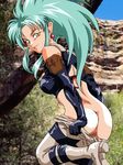  ass back_cutout blue_hair boots censored earrings elbow_gloves from_behind gloves halterneck jewelry long_hair looking_back pants_pull photo_background pouch ryoko_hakubi ryouko_(tenchi_muyou!) smile spiked_hair tenchi_muyo tenchi_muyou! undressing yellow_eyes 