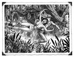  bettie_page bikini camera clothed clothing creature_from_the_black_lagoon dc female flash fog gillman greyscale jay_garrick male monochrome skimpy swamp swimsuit the_flash 