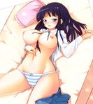  akiyama_mio bed black_hair blue_eyes breasts ippongui k-on! large_breasts lying nipples no_pants on_back open_clothes open_shirt panties shirt solo striped striped_panties underwear 