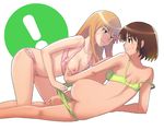  2girls ass ayase_asagi ayase_fuuka bare_shoulders barefoot blonde_hair blush boyaking bra bra_pull breast_slip breasts brown_eyes brown_hair dimples_of_venus eyebrows incest lingerie long_hair lying medium_breasts multiple_girls nipples on_side one_breast_out panties panty_pull short_hair siblings sisters skindentation sweat thick_eyebrows underwear underwear_only yotsubato! younger yuri 