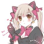  animal_ears atobesakunolove black_cat_d.va black_gloves blonde_hair blush bow cat_ears character_name closed_mouth d.va_(overwatch) earrings eyebrows_visible_through_hair gloves green_eyes hair_bow hand_up heart heart_earrings jewelry long_hair looking_at_viewer overwatch pink_bow puffy_short_sleeves puffy_sleeves short_sleeves signature simple_background smile solo twintails white_background 