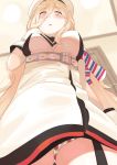  armband belt beret blonde_hair blush breasts dress food_print from_below gloves hat kantai_collection long_hair open_mouth panties pantyshot pantyshot_(standing) print_panties richelieu_(kantai_collection) solo standing strawberry_panties strawberry_print tonari_no_kai_keruberosu underwear white_dress white_gloves white_hat white_panties yellow_eyes 