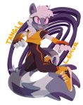  bandage bangs breasts chest_tuft clothing female fluffy fur galaxynite grey_fur lemur long_tail looking_at_viewer makeup mammal open_maw primate purple_eyes smile solo sonic_(series) spandex tangle_the_lemur teeth tight_clothing tuft white_fur 