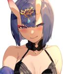  bare_shoulders blush bob_cut closed_mouth collarbone commentary_request eyebrows_visible_through_hair fang fate/grand_order fate_(series) headpiece horns looking_at_viewer menea oni oni_horns purple_eyes purple_hair short_eyebrows short_hair shuten_douji_(fate/grand_order) simple_background solo upper_body white_background 