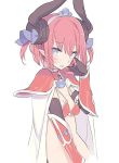  alternate_hair_length alternate_hairstyle armor bangs bikini_armor blade_(galaxist) blue_eyes blue_ribbon blush breasts cape choker commentary_request curled_horns dragon_horns elizabeth_bathory_(brave)_(fate) elizabeth_bathory_(fate)_(all) eyebrows_visible_through_hair fate/grand_order fate_(series) hair_between_eyes hair_ribbon hand_up horns navel oversized_clothes parted_lips pauldrons pink_hair pointy_ears red_choker ribbon short_hair sidelocks silver_trim small_breasts solo tiara two_side_up vambraces wavy_mouth white_cape 