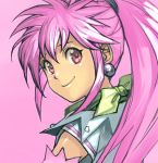 arche_klein bangs bow closed_mouth commentary earrings green_bow hankuri jewelry long_hair looking_at_viewer looking_back pink_background pink_eyes pink_hair simple_background smile solo tales_of_(series) tales_of_phantasia upper_body 