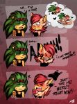  &lt;3 awkward blood blush canine clothing comic dialogue ear_piercing english_text eyewear fingerless_gloves fiona_fox fox fur gloves green_fur hedgehog mammal muscular nosebleed open_maw piercing punk red_fur scourge_the_hedgehog sonic_(series) sunglasses sweethellgirl tattoo teeth text undressing 