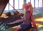  bangs blazer blue_skirt bow breasts brown_hair classroom closed_eyes closed_mouth cup cupcake curtains day doki_doki_literature_club food grey_jacket guratan hair_bow indoors instrument jacket long_hair long_sleeves medium_breasts monika_(doki_doki_literature_club) music piano piano_bench plant playing_instrument playing_piano pleated_skirt ponytail potted_plant ribbon school school_uniform sheet_music sidelocks sitting skirt solo sunlight tea teacup very_long_hair white_bow white_ribbon window 