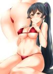  ass bikini black_hair blush breasts brown_eyes covered_nipples embarrassed from_below frown g-string hands_on_own_chest kantai_collection large_breasts long_hair makumaxu multiple_views navel pink_scrunchie red_bikini scrunchie simple_background sitting skindentation swimsuit thong very_long_hair wariza white_background yahagi_(kantai_collection) 