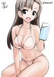  :d aegis_(nerocc) asymmetrical_bangs bangs bikini breasts brown_eyes brown_hair bubble cleavage commentary cup dated drink eyebrows_visible_through_hair girls_und_panzer holding invisible_chair liquid long_hair looking_at_viewer medium_breasts mug navel nishi_kinuyo open_mouth sitting smile solo swimsuit twitter_username white_bikini 