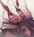  black_robe blush book closz commentary darling_in_the_franxx eating fingernails green_eyes hair_between_eyes highres holding holding_book horns long_hair long_sleeves looking_at_viewer rat red_skin robe sharp_fingernails signature silver_hair solo spoilers torn_clothes younger zero_two_(darling_in_the_franxx) 