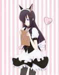  akiha_rumiho akiha_rumiho_(cosplay) alternate_costume animal_ears black_hair black_legwear burn_scar cat_ears commentary cosplay enmaided frills hair_over_one_eye heart highres holding ikezawa_hanako katawa_shoujo long_hair maid maid_headdress pantyhose puffy_short_sleeves puffy_sleeves purple_eyes scar short_sleeves simple_background solo soveno steins;gate striped striped_background vertical-striped_background vertical_stripes 