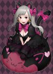  alternate_costume animal_ears argyle argyle_legwear between_legs black_cat_d.va black_dress black_gloves blonde_hair bow bowtie breasts brown_eyes cat_ears checkered checkered_background cleavage d.va_(overwatch) dress earrings fang frilled_dress frills full_body gloves hair_bow hand_between_legs heart heart_earrings highres jewelry kalua lolita_fashion looking_at_viewer medium_breasts open_mouth outline overwatch pantyhose pillow pink_bow puffy_sleeves purple_background short_sleeves sitting skirt smile solo twintails wariza 