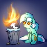  2018 cutie_mark equine female feral fire friendship_is_magic garbage_bin grey_background hair hi_res horn lyra_heartstrings_(mlp) mammal my_little_pony simple_background sitting solo tumblr unicorn witchtaunter 