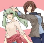  anchovy bangs black_ribbon black_scarf blue_pants blue_shirt brown_eyes brown_hair casual clothes_around_waist commentary_request drill_hair dutch_angle eyebrows_visible_through_hair girls_und_panzer green_hair grey_jacket hair_ribbon highres hoshikawa_(hoshikawa_gusuku) jacket long_hair long_sleeves looking_at_viewer multiple_girls nishizumi_maho open_clothes open_jacket open_mouth pants petals pink_shirt red_eyes red_sweater ribbon scarf shirt short_hair sleeves_rolled_up smile standing sweater sweater_around_waist twin_drills twintails v-neck 