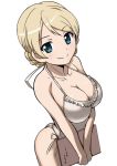  aegis_(nerocc) bangs blonde_hair blue_eyes braid breasts casual_one-piece_swimsuit cleavage closed_mouth collarbone commentary darjeeling eyebrows_visible_through_hair frilled_swimsuit frills from_side girls_und_panzer halterneck holding_menu large_breasts looking_at_viewer one-piece_swimsuit short_hair side-tie_swimsuit simple_background smile solo standing swept_bangs swimsuit thighs tied_hair twin_braids v_arms white_background white_swimsuit 