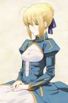  ahoge artoria_pendragon_(all) blonde_hair blue_dress braid breasts cleavage_cutout dress eyebrows_visible_through_hair fate/stay_night fate_(series) french_braid green_eyes hair_between_eyes hair_ribbon highres juliet_sleeves long_sleeves parted_lips puffy_sleeves ribbon saber shiny shiny_hair short_hair sidelocks sitting small_breasts solo tsukumo 