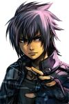  blue_eyes closed_mouth commentary final_fantasy final_fantasy_xv fingerless_gloves gloves grey_shirt hair_between_eyes hand_up hankuri jacket male_focus noctis_lucis_caelum open_clothes open_jacket purple_hair purple_jacket shirt simple_background solo white_background 