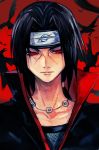 bird black_coat black_hair closed_mouth crow forehead_protector hankuri high_collar jewelry looking_at_viewer male_focus naruto naruto_(series) necklace red_background red_eyes sharingan solo uchiha_itachi upper_body 