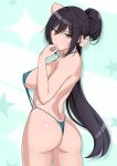  adjusting_hair ass black_hair blue_background blue_swimsuit blush breasts brown_eyes closed_mouth dog_tags from_behind hand_to_own_mouth haruhisky highres idolmaster idolmaster_shiny_colors large_breasts long_hair looking_at_viewer looking_back ponytail shirase_sakuya sideboob solo star starry_background strap_gap string_bikini swimsuit thong twisted_torso upper_body 