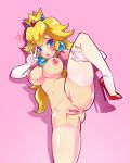  1girl anus breasts censored cowboy_shot female freakylucky high_heels highres leg_lift mario_(series) navel nintendo nipples nude peace_symbol pointless_censoring princess_peach pussy shoes solo spread_legs standing super_mario_bros. thick_thighs thighhighs thighs v 