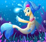  2018 blue_eyes blue_theme bubble female fish freckles glowing marine my_little_pony my_little_pony_the_movie princess_skystar_(mlp) seahorse seaweed solo the-butcher-x underwater water 