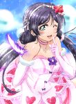  ;d aqua_eyes arm_behind_back blush bokutachi_wa_hitotsu_no_hikari dress elbow_gloves feathers finger_to_mouth flower fur-trimmed_gloves fur_trim gloves glowing_feather hair_flower hair_ornament hairband heart heart_print long_hair looking_at_viewer love_live! love_live!_school_idol_project low_twintails one_eye_closed open_mouth pink_dress pink_scrunchie purple_feathers purple_hair scrunchie shogo_(4274732) smile solo sparkle toujou_nozomi twintails 