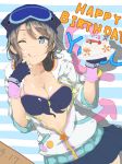  ;q absurdres anchor_symbol badge blue_bikini_top blue_eyes blue_gloves blue_hat blue_skirt breasts button_badge cake cleavage collarbone dated fingerless_gloves food food_on_body food_on_breasts food_on_clothes food_on_face front-tie_top gloves goggles goggles_on_headwear grey_hair happy_birthday hat headphones headphones_around_neck highres hinausa holding holding_plate hood hood_down jacket licking_lips love_live! love_live!_school_idol_festival love_live!_sunshine!! medium_breasts miniskirt one_eye_closed plate short_hair skindentation skirt smile solo striped striped_background tongue tongue_out watanabe_you 