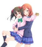  :o bangs black_hair black_legwear blazer blue_neckwear bow bowtie cardigan commentary_request green_neckwear hair_between_eyes hair_bow hinausa hug hug_from_behind jacket kneehighs long_sleeves love_live! love_live!_school_idol_project masu multiple_girls nishikino_maki otonokizaka_school_uniform pink_cardigan pleated_skirt purple_eyes red_bow red_eyes red_hair school_uniform setsubun skirt striped striped_neckwear twintails white_background yazawa_nico 