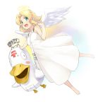  :d angel angel_wings aqua_eyes bag barefoot bird blonde_hair blush_stickers commentary_request denchuubou dress duck english flying full_body halo hand_up japanese_postal_mark looking_at_viewer medium_hair messenger_bag open_mouth original shoulder_bag simple_background sleeveless sleeveless_dress smile white_dress wings 