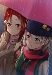  badge beanie beige_coat blue_eyes blush breath brown_eyes button_badge coat grey_hair hat hat_pin heart_pendant highres holding holding_umbrella jacket long_hair long_sleeves love_live! love_live!_sunshine!! multiple_girls navy_blue_hat pom_pom_(clothes) purple_umbrella rain red_hair red_scarf sakurauchi_riko scarf shared_umbrella short_hair sonoko_neko umbrella upper_body watanabe_you 