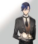  asamiyajy black_jacket black_neckwear blue_eyes blue_hair brown_vest butler closed_mouth commentary_request creamer_(vessel) cup gloves grey_background hair_between_eyes holding jacket korean_commentary long_sleeves male_focus monocle necktie one_eye_closed original shirt smile solo standing teacup teapot tray vest white_gloves white_shirt 