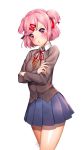  &gt;:t 1girl :t artist_name bangs blazer blue_skirt blush breasts closed_mouth collared_shirt commentary crossed_arms doki_doki_literature_club eyebrows_visible_through_hair grey_jacket hair_ornament hairclip highres jacket long_sleeves looking_at_viewer natsuki_(doki_doki_literature_club) pink_eyes pink_hair pleated_skirt pout ribbon school_uniform shirt short_hair signature simple_background skirt small_breasts solo standing sweatdrop two_side_up v-shaped_eyebrows vest white_background white_shirt wing_collar y.i._(lave2217) 