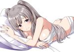  ass bandages bangs blush breasts commentary_request eyebrows_visible_through_hair grey_hair idolmaster idolmaster_shiny_colors kamelie long_hair looking_at_viewer lying medium_breasts naked_bandage on_stomach pillow purple_eyes sarashi simple_background smile solo twintails white_background yuukoku_kiriko 