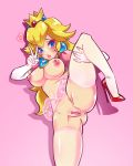  1girl anus breasts censored cowboy_shot female freakylucky high_heels highres leg_lift mario_(series) navel nintendo nipples nude peace_symbol pointless_censoring princess_peach pussy shoes solo spread_legs standing super_mario_bros. thick_thighs thighhighs thighs tutu v 