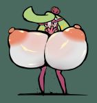 2017 areola big_breasts blush breasts compression_artifacts female flora_fauna green_background green_hair hair hi_res huge_breasts humanoid hyper hyper_breasts looking_at_viewer multicolored_body nintendo nipples non-mammal_breasts not_furry plant pok&eacute;mon pok&eacute;mon_(species) purple_body red_eyes simple_background solo standing tsareena video_games white_body wolflance 