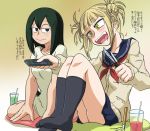  2girls bangs blonde_hair blunt_bangs boku_no_hero_academia cardigan double_bun drinking_straw fangs glass green_hair hair_bun multiple_girls open_mouth panties remote_control school_uniform serafuku sitting skirt tsuyu_asui upskirt uranoyoru yellow_eyes 