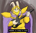  anthro armor asgore_dreemurr atlantart beard blonde_hair blue_eyes boss_monster cape caprine clothed clothing crown english_text facial_hair flower goat guitar hair heterochromia holding_musical_instrument horn male mammal musical_instrument plant playing_guitar playing_music red_eyes solo text undertale video_games 