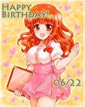  :d alternate_costume anna_miller bangs blunt_bangs burafu character_name commentary_request cowboy_shot dated dress_shirt english eyebrows_visible_through_hair girls_und_panzer happy_birthday heart high-waist_skirt holding_menu long_hair looking_at_viewer miniskirt open_mouth orange_eyes orange_hair pink_skirt puffy_sleeves shirt skirt smile solo sparkle standing takebe_saori waitress white_shirt yellow_background 