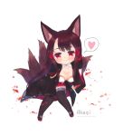  akagi_(azur_lane) animal_ears azur_lane bangs black_gloves black_kimono black_legwear blush breasts brown_hair character_name chibi cleavage collarbone commentary_request eyebrows_visible_through_hair foreign_blue fox_ears fox_girl fox_tail gloves hair_ornament heart holding japanese_clothes kimono korean_commentary kyuubi large_breasts long_hair long_sleeves looking_at_viewer multiple_tails open_clothes open_kimono parted_lips pleated_skirt red_eyes red_footwear red_skirt simple_background sitting skirt solo spoken_heart tail thighhighs very_long_hair watermark web_address white_background wide_sleeves 