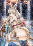  animal_ears ass bangs blunt_bangs breasts cat_ears cleavage commentary_request ear_ornament gloves highres holding holding_sword holding_weapon long_hair looking_at_viewer niyah sarasadou_dan silver_hair small_breasts smile solo spoilers sword water waterfall weapon white_gloves xenoblade_(series) xenoblade_2 yellow_eyes 