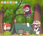  &gt;_&lt; :3 ahoge baseball_cap black_shirt blue_eyes blush bottle box bush camping ceph_(greatyazawa1819) chibi crying denim drawstring forest hair_ornament hairclip hands_on_head hat head_bump headwear_writing highres holding holding_hammer hood hood_down in_tree jacket jeans ladder lantern logo_parody long_hair long_sleeves love_live! love_live!_sunshine!! multiple_girls mushroom nature orange_hair outline pants parody portable_stove pot red_hair rope sakurauchi_riko shirt short_hair sitting sitting_in_tree sledgehammer socks_removed standing star takami_chika tent towel tree watanabe_you wavy_mouth white_outline yellow_eyes yurucamp 