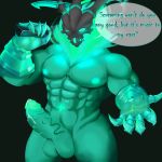  2018 armor athletic balls bedroom_eyes clothing colored dialogue digital_media_(artwork) front_view gauntlets ghost gloves green_body green_eyes green_nipples half-closed_eyes humanoid knight_owl league_of_legends looking_at_viewer male manly muscular nipples not_furry penis precum riot_games seductive simple_background skull solo spectre spirit talking_to_viewer thresh undead video_games 