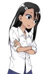  &lt;o&gt;_&lt;o&gt; 774_(nanashi) @_@ blue_skirt collared_shirt commentary crossed_arms fang ijiranaide_nagatoro-san nagatoro parted_lips shaded_face shirt simple_background skirt sleeves_rolled_up solo standing white_background white_shirt wide-eyed wing_collar 